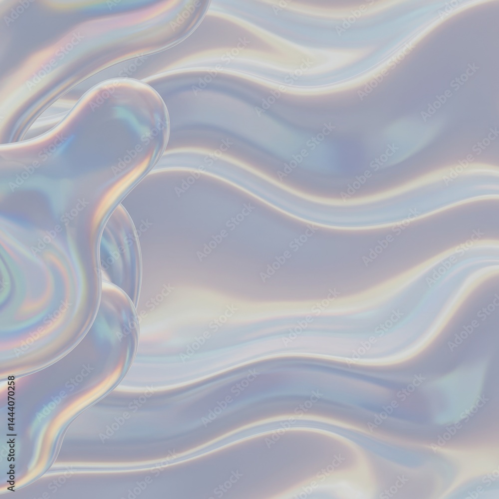 Poster abstract iridescent liquid forms on a wavy surface: a 3d render of shimmering, pearlescent fluid sha