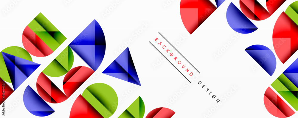 Poster abstract geometric shapes overlap, creating vibrant visual texture. red, green, blue elements domina