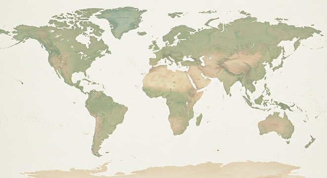 Fototapeta Detailed world map illustration with topographic features and light color scheme