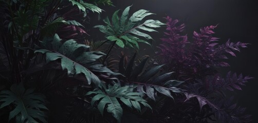 Intricate dark foliage, deep green & purple exotic leaves, dramatic shadows , decor, wallpaper, background