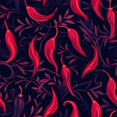Seamless pattern with red hot chili peppers and purple leaves on dark background. Spicy food concept. Design for fabric, wallpaper, menu, packaging, or greeting card