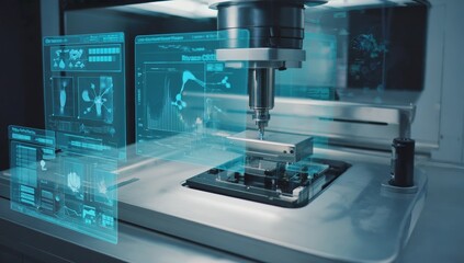 Advanced dental milling machine processing tooth prosthetics in futuristic laboratory with holographic data interfaces, monitored by dentist, symbolizing innovation in oral technology, precision care.
