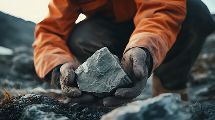 Obraz premium Person in Orange Jacket Holding a Rock