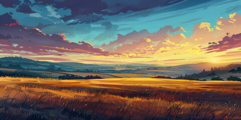 Vibrant Sunset Over Rolling Fields with Golden Grasses Illuminated by Warm Hues Against Dynamic Clouds