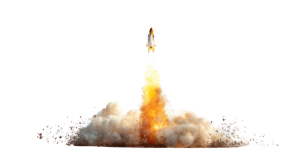 A rocket blasting off into the sky with smoke and fire isolated, transparent background