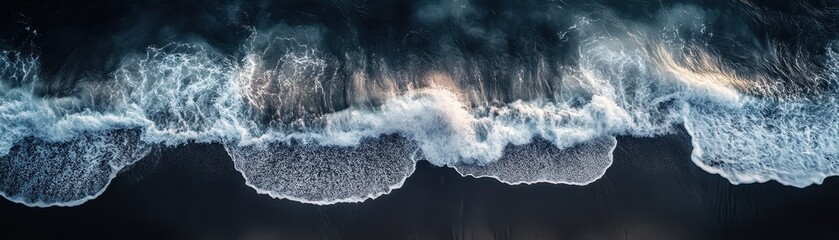 Obraz premium Aerial View of Ocean Waves Crashing on Sandy Beach at Sunset with Dramatic Lighting and Textured Water Patterns