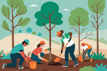 A vibrant image depicting a diverse group of volunteers actively planting trees during a community reforestation project.  Bold colours and strong composition.