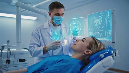 Dentist examining patient with high-tech holographic tooth interface – advanced dental care, augmented reality diagnostics, and innovative digital tools in a modern medical treatment clinic setting.
