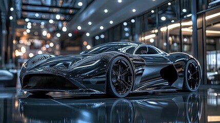 Sleek, futuristic sports car showcased in a modern indoor setting.