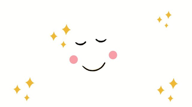Smiling Face emoji sticker with Stars: A simple, cute illustration of a smiling face with closed eyes, surrounded by sparkling gold stars. emoji face feelings peace, happiness, and dreams.
