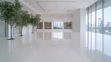 Obraz premium Modern White Room Olive Trees Minimalist Bright Lighting Wide Angle High Gloss Floor Peaceful Atmosphere City View Serene White Palette Ideal for Real Estate Listings