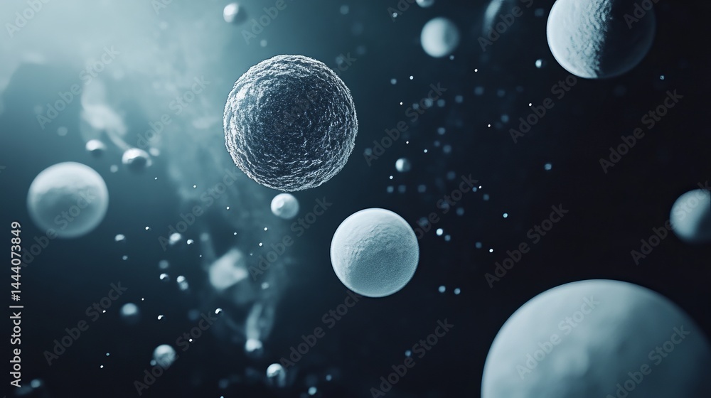 Poster abstract blue sphere background with floating particles cosmic science design 3d cell dark grey spac