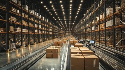 Modern automated warehouse interior with conveyor system.