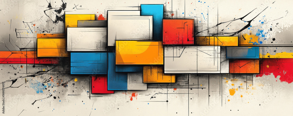 Poster a colorful abstract painting with blocks of different colors. the painting is a mix of blue, red, an