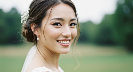 Young woman smiling in a park with side-swept hair and dangle earrings