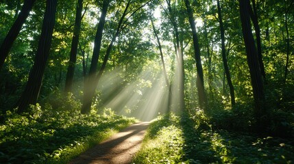 Obraz premium Serene Sunlight Filtering Through Dense Forest Canopy in Morning Light