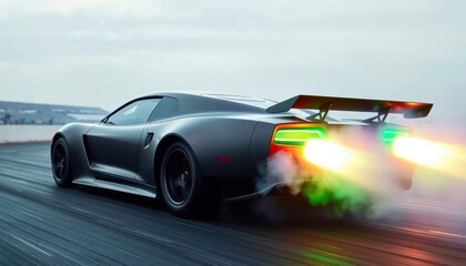 black sports car with nitrous oxide and flames from exhaust pipes drives on highway
