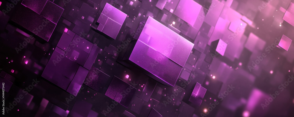 Poster a purple background with many small squares of different sizes. the squares are all different colors