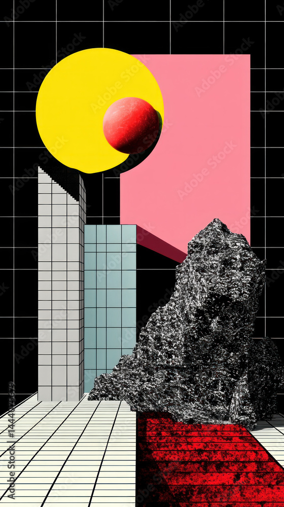 Poster a colorful abstract painting of a cityscape with a large rock in the foreground. the painting is a m