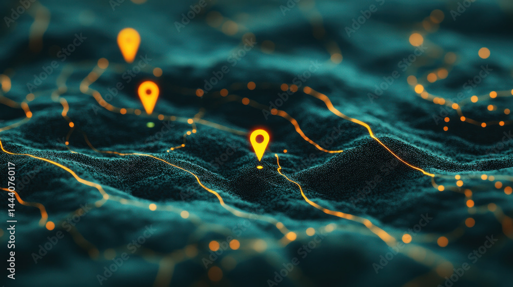Poster a computer generated image of a map with three yellow dots on it. the dots are placed in different l