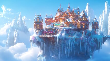 Fototapeta premium Floating winter village in mountains