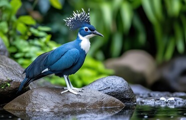 Blue-crested bird on rocks near water, lush foliage background; nature imagery