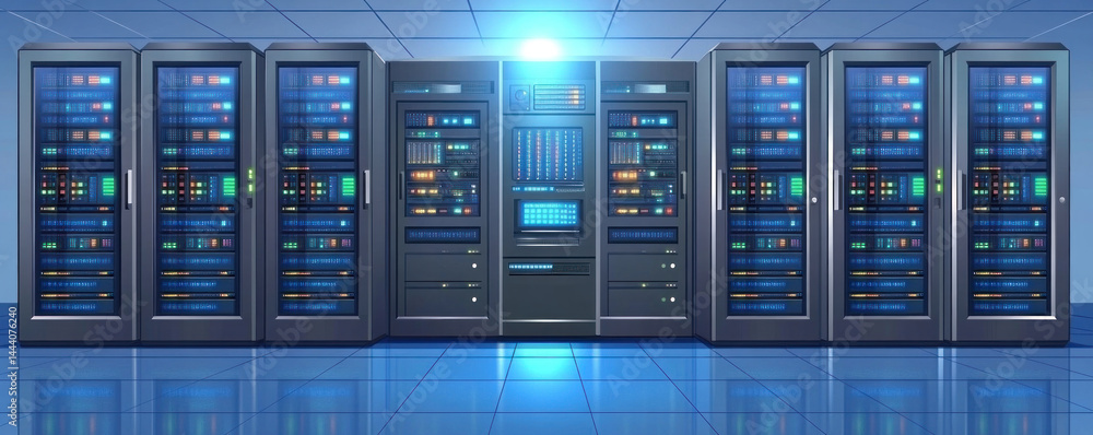 Poster a row of computer servers with a blue background. the servers are all connected to each other and ar