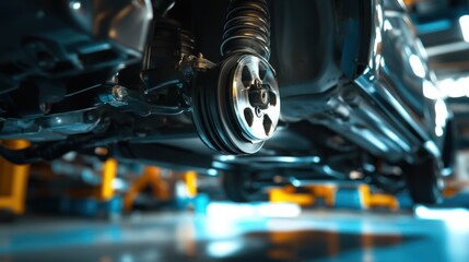Elevated car suspension system undergoing maintenance in automotive repair shop