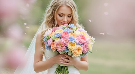 Naklejka premium Blonde woman in white wedding gown holding colorful bouquet in outdoor garden
