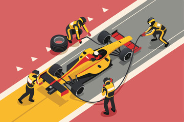 High-angle shot of a Formula 1 pit crew rapidly refueling a racing car during a tense pit stop.  Action, speed, teamwork emphasized.