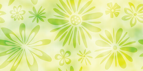 Spring, summer background, soft tones, painted flowers and grass, seamless pattern, vector design