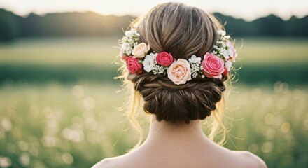 Naklejka premium Close-up of woman's braided hair with flowers in an outdoor field