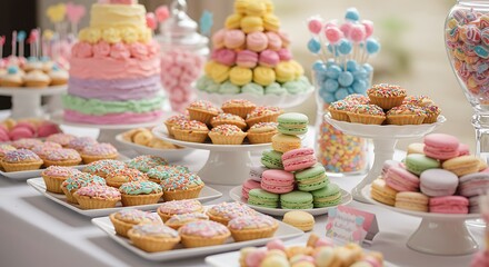 Pastel-Colored Dessert Buffet with Macarons and Mini Cakes