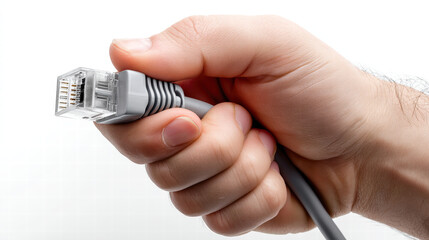 Hand gripping ethernet cable connector, showcasing firm hold on device. This represents connectivity and technology, emphasizing importance of networking in modern communication
