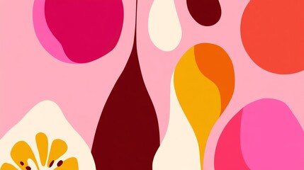 A vibrant Matisse-style poster featuring bold fruit shapes in pink, orange, and white. Retro minimalist design with organic flame accents&mdash;perfect for stylish wall decor