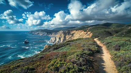 A breathtaking view of a rugged coastline with a trail winding along the cliff edge, framed by towering mountains and a cloudy blue sky.