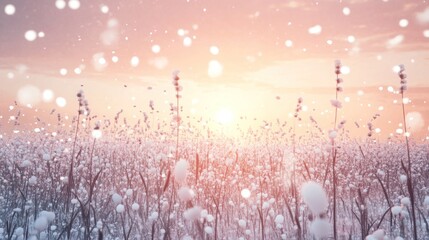 Obraz premium Winter wonderland field blanketed in snow at sunset.