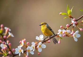 Fototapeta premium Greenfinch perched on a blossoming branch, spring scene, small, blooming