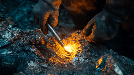 Naklejka premium Metalworker Using Tool on Molten Metal