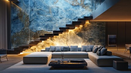 Modern living room with elegant staircase and decor