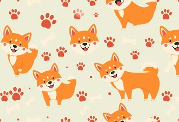 Happy Shiba Inu seamless pattern with paw prints and bones Scandinavian style cartoon dog vector illustration, seamless pattern, cartoon