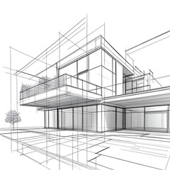 Architectural Wireframe Drawing of Modern Building Concept in 3D Perspective with Transparent Lines and Structural Details