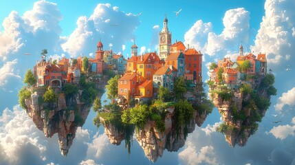 Floating cityscapes in a vibrant sky