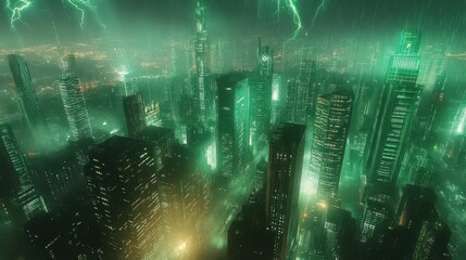 Obraz premium A futuristic city bathed in vibrant, stormy green light.