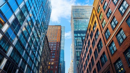 A business district featuring towering buildings with a mix of modern glass and vintage brickwork.