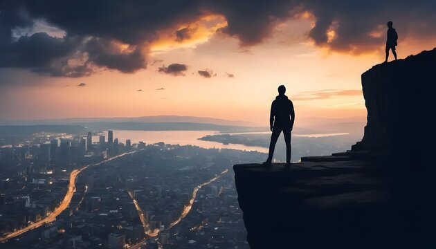 Silhouette of a figure overlooking a city at sunset
