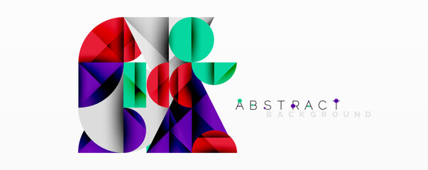 Geometric shapes create vibrant composition. Red, purple, green, white dominate design. Modern aesthetic, clean lines present abstract form.