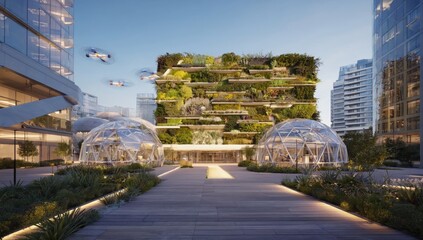A futuristic urban space with a vertical garden-covered building, geodesic domes, and drones flying nearby. The eco-friendly architecture integrates greenery, modern design, promoting sustainability.