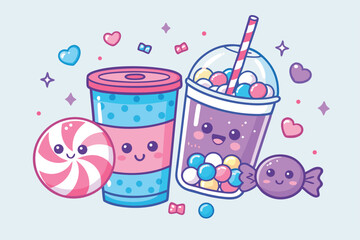 Create a kawaii illustration of a character overwhelmed by a mountain of candy and soda cans, featuring Pop Rocks; vibrant, sugary, and slightly chaotic.