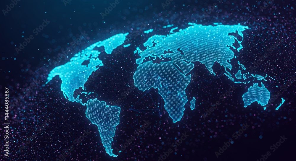 Poster abstract digital world map with glowing blue dots representing global connectivity and data transfer